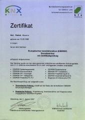 KNX Zertifikat über die Teilnahme am EIB/KNX Grundseminar mit Zertifikatsprüfung